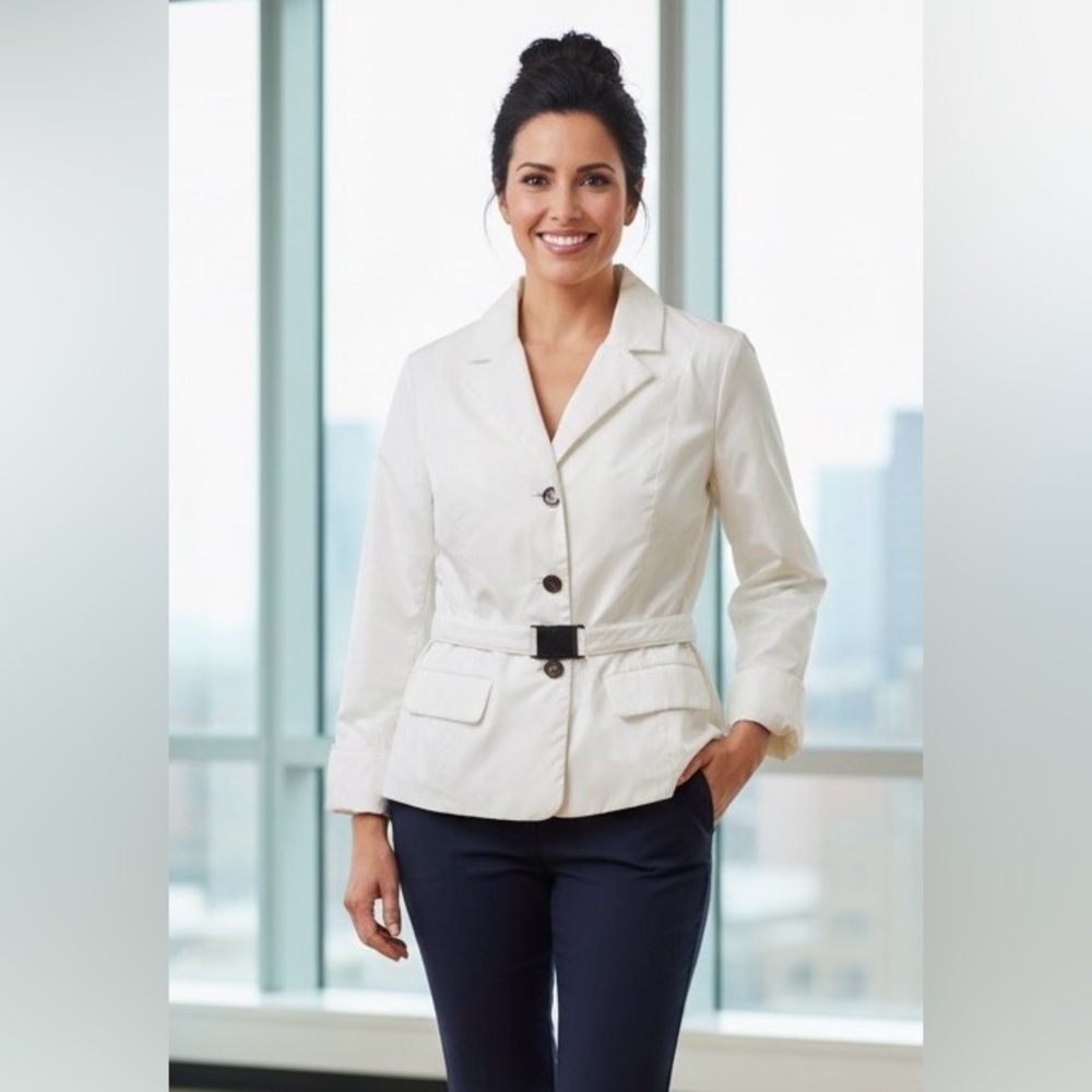 Talbots cream/ivory light puffer jacket, single breasted, belt, metal buckle, 10